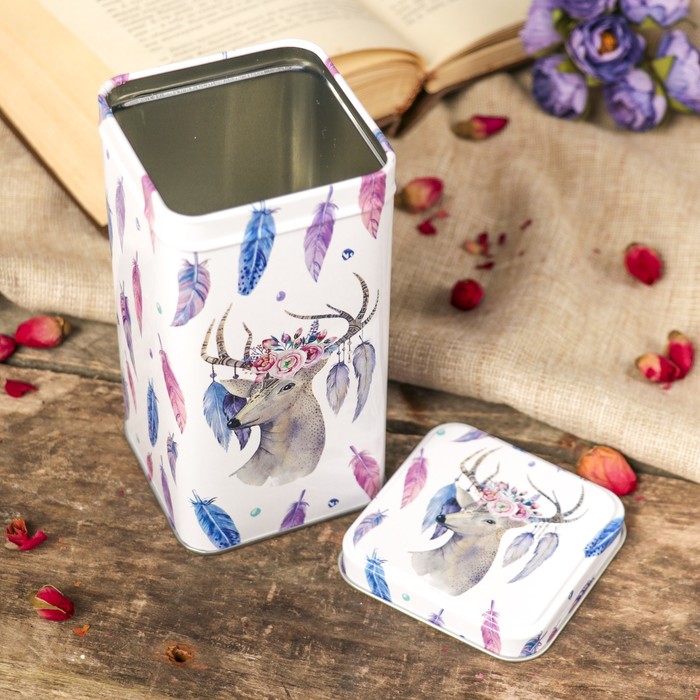 Шкатулка металл прямоугольная "Олень и цветные пёрышки" 14,3х7,2х7,2 см