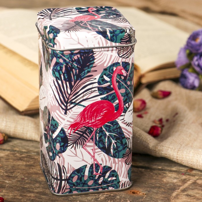 Шкатулка металл прямоугольная "Пальмовые листья и фламинго" 14,3х7,2х7,2 см