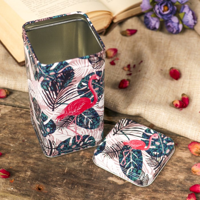 Шкатулка металл прямоугольная "Пальмовые листья и фламинго" 14,3х7,2х7,2 см
