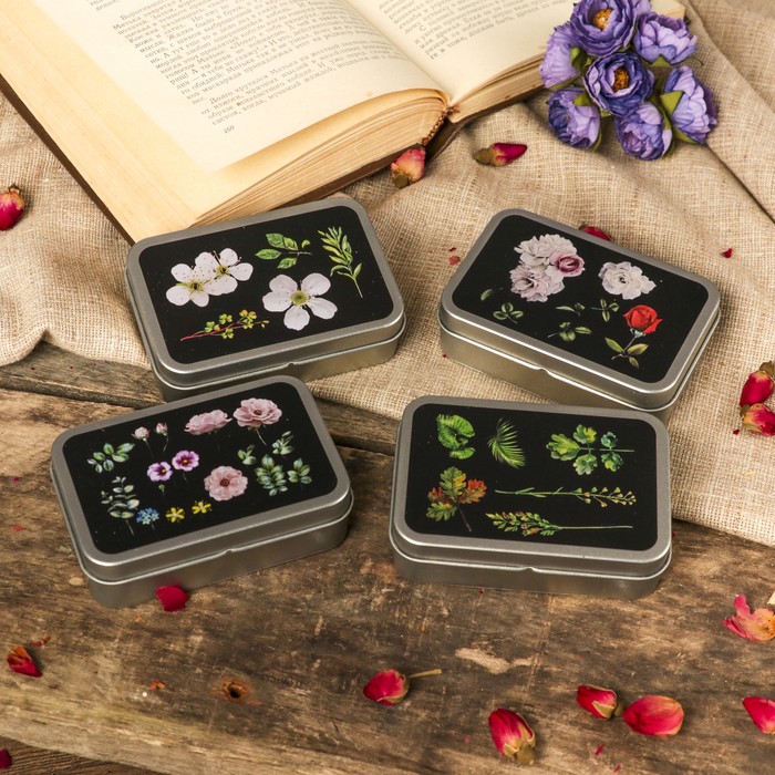 Шкатулка металл прямоугольная "Цветы на чёрном" МИКС 3х9,3х5,2 см