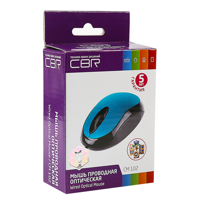 Мышь CBR CM 102, оптическая, проводная, 1200 dpi, 1.3 метра, USB, синяя