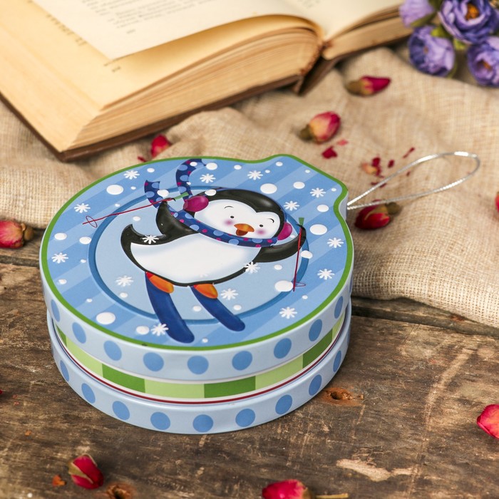 Шкатулка металл новогодняя шар "Пингвин на лыжах" 4х12,5х11,3 см