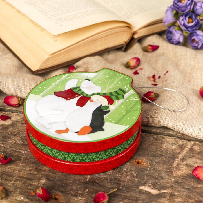 Шкатулка металл новогодняя шар "Белый мишка и пингвин" 4х12,5х11,3 см