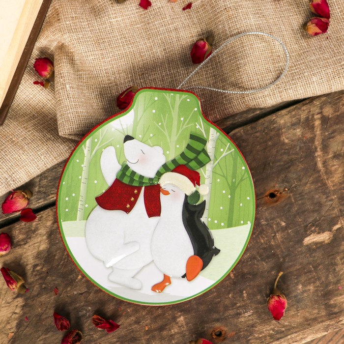 Шкатулка металл новогодняя шар "Белый мишка и пингвин" 4х12,5х11,3 см