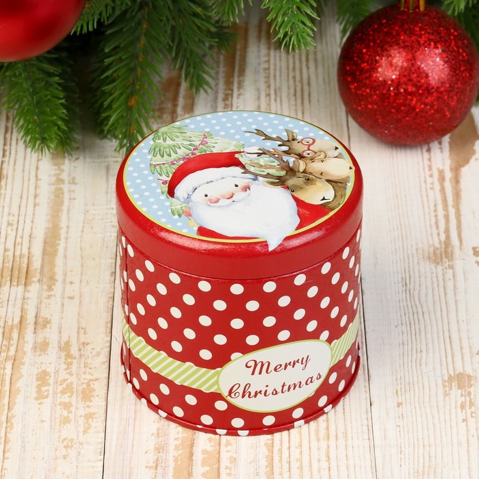 Шкатулка металл "Дед Мороз и олени" 8,2х8,6х8,6 см