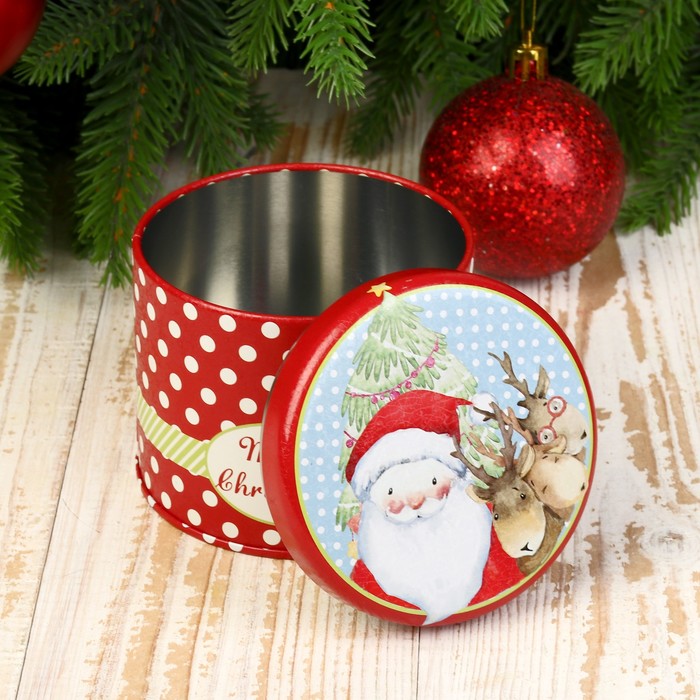 Шкатулка металл "Дед Мороз и олени" 8,2х8,6х8,6 см