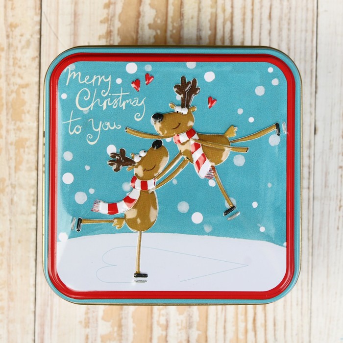 Шкатулка металл новогодняя квадрат "Олени на льду" 6,7х7,5х7,5 см