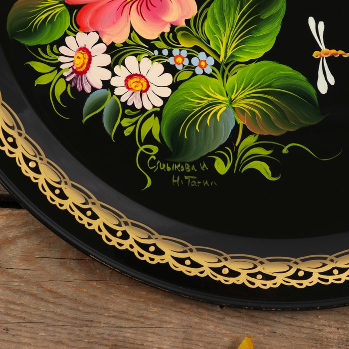 Поднос «Цветы», чёрный фон, D=32 см, ручная роспись
