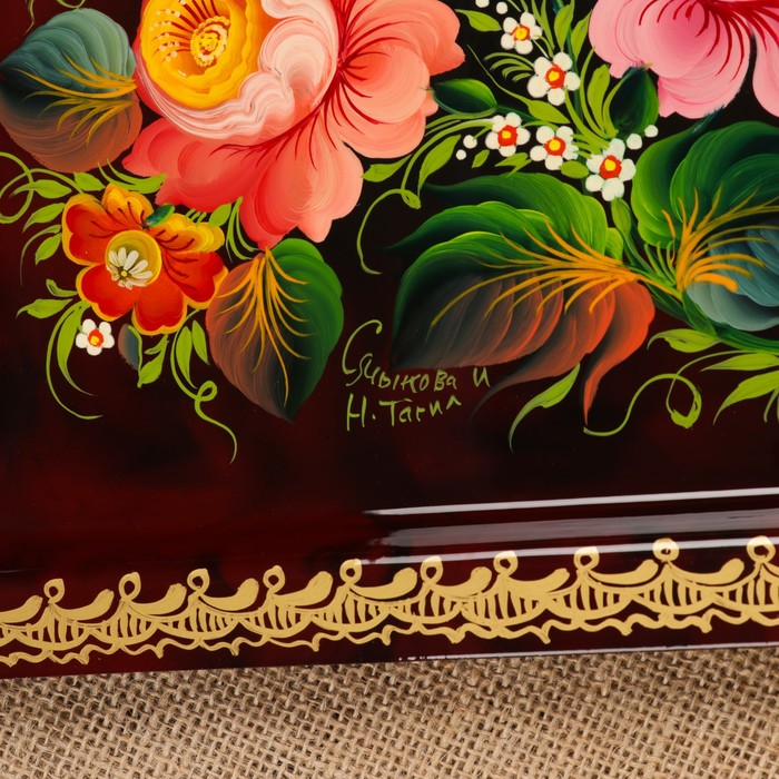 Поднос «Цветы», бордовый фон, 36х30 см, ручная роспись