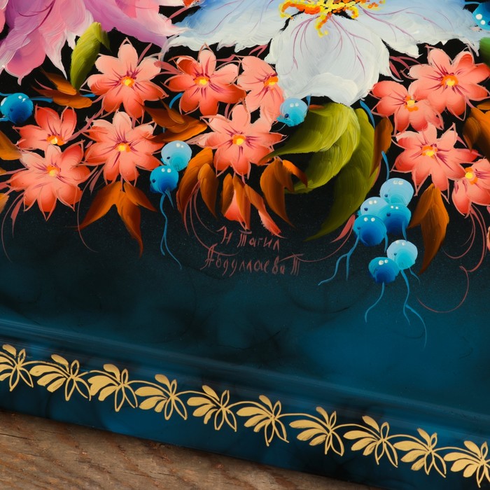 Поднос «Цветы», синий фон, 36х30 см, ручная роспись