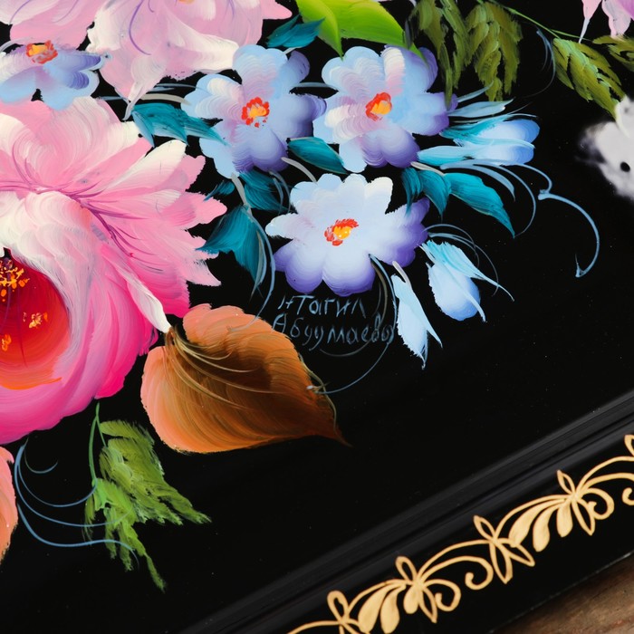 Поднос «Цветы», чёрный фон, 36х30 см, ручная роспись