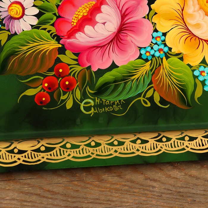 Поднос «Цветы», зелёный фон, 36х30 см, ручная роспись