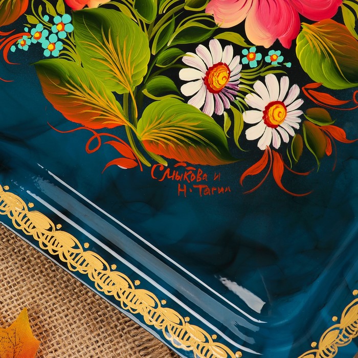 Поднос «Цветы», голубой фон, 36х30 см, ручная роспись