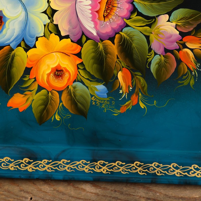 Поднос «Цветы», синий фон, 45х32 см, ручная роспись