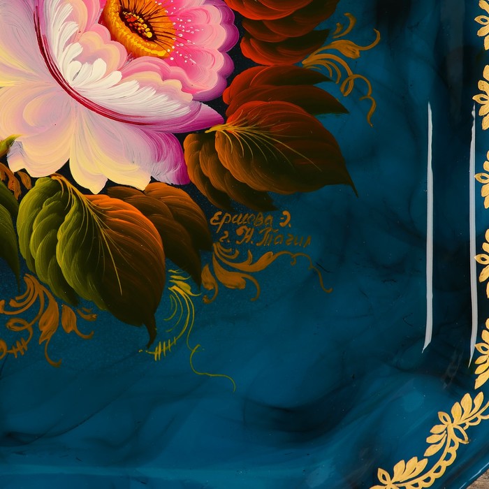 Поднос «Цветы», голубой фон, 45х32 см, ручная роспись