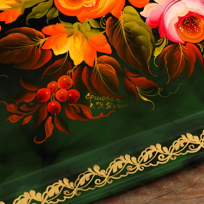 Поднос «Цветы», зелёный фон, 45х32 см, ручная роспись