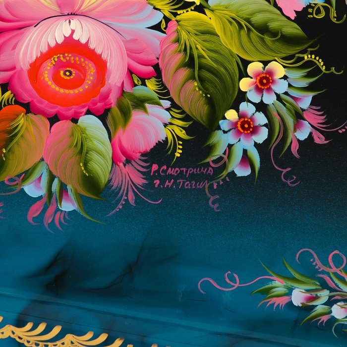 Поднос «Цветы», голубой фон, 45х32 см, ручная роспись