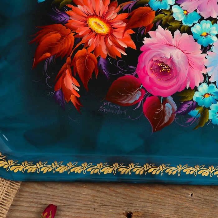 Поднос «Цветы», синий фон, 45х32 см, ручная роспись