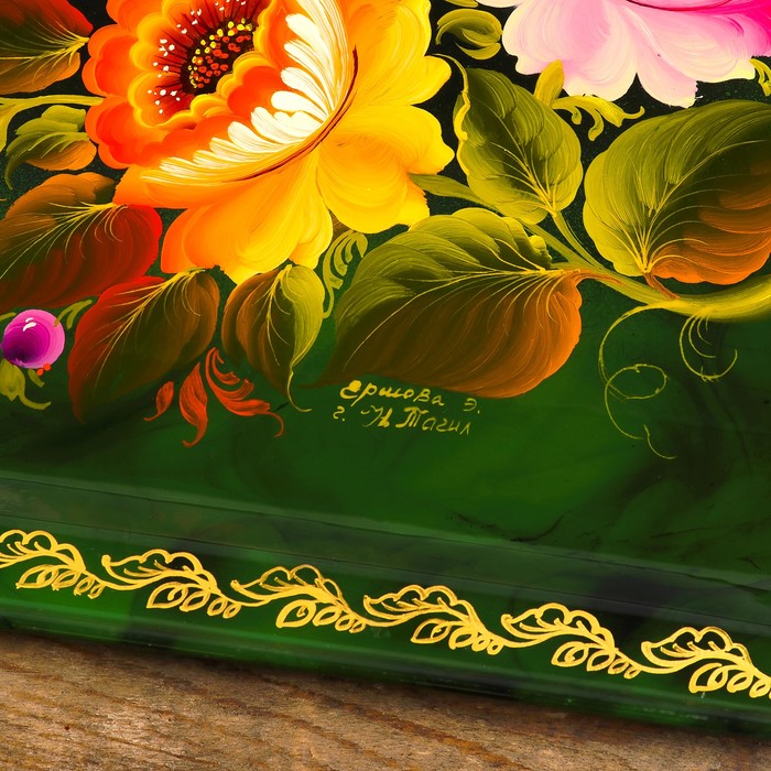 Поднос «Цветы», зелёный фон, 45х32 см, ручная роспись