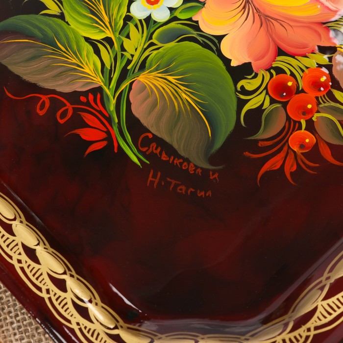 Поднос «Цветы», бордовый фон, 45х32 см, ручная роспись