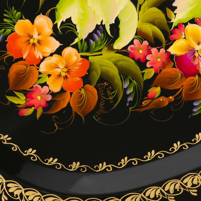 Поднос «Цветы», чёрный фон, 46х35 см, ручная роспись