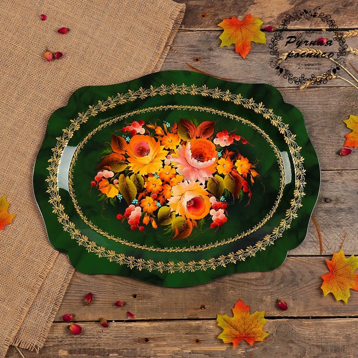 Поднос «Цветы», зелёный фон, 46х35 см, ручная роспись