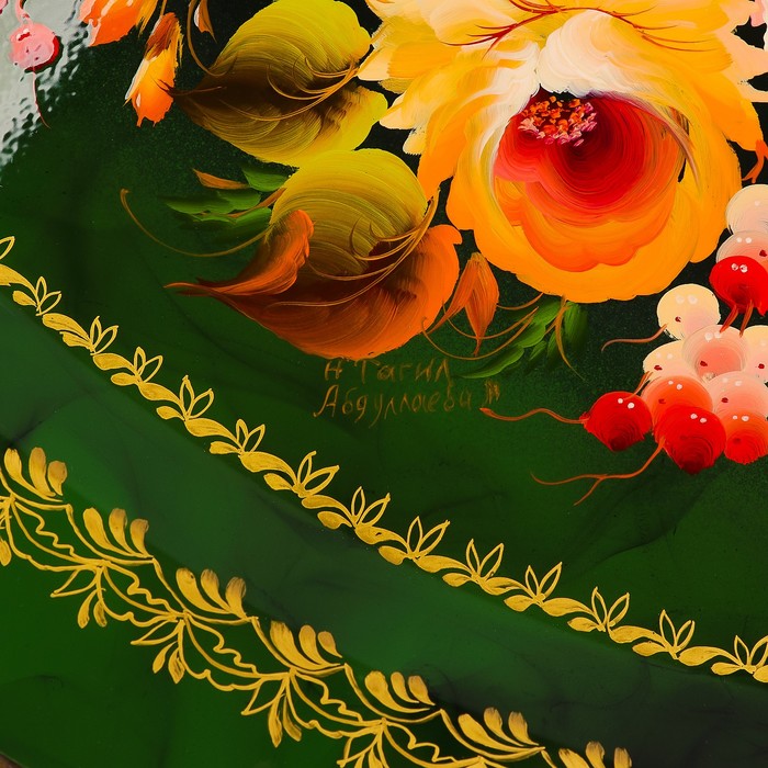 Поднос «Цветы», зелёный фон, 46х35 см, ручная роспись