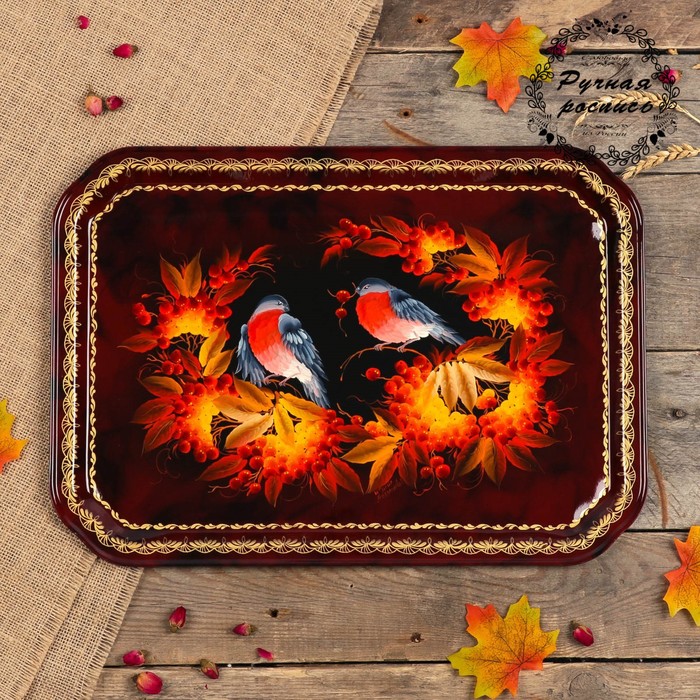 Поднос «Птицы», бордовый фон, 45х32 см, ручная роспись