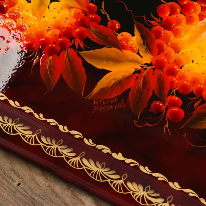 Поднос «Птицы», бордовый фон, 45х32 см, ручная роспись