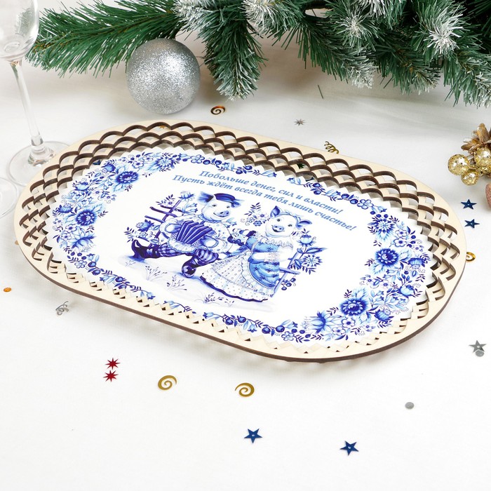 Поднос «Свинки», гжель, 37×22 см