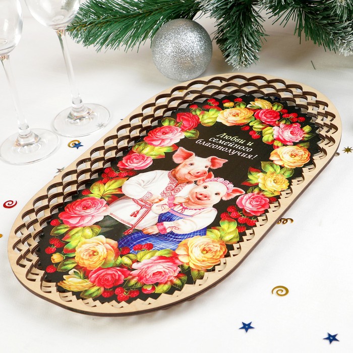 Поднос «Свинки в пионах», 37×22 см