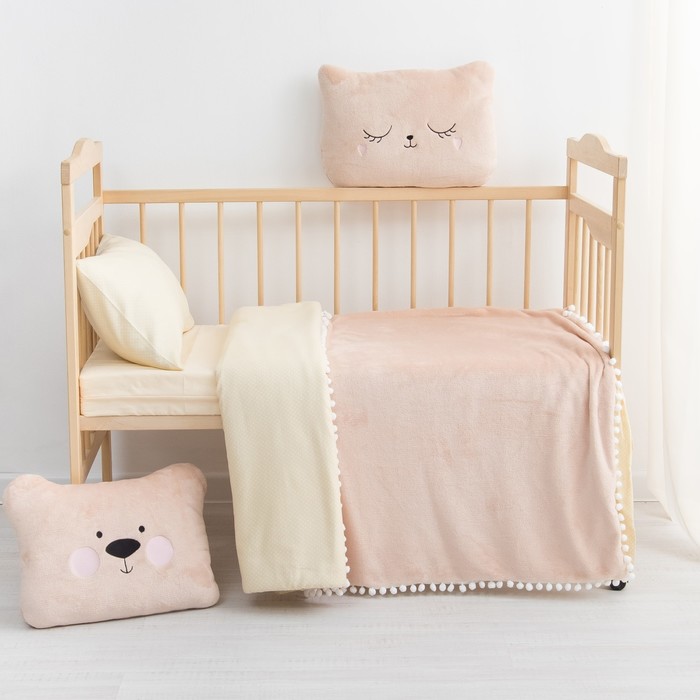 Плед-одеялко с бомбошками "Крошка Я" бежевый, р-р 110 х 90 см, 100% п/э, велсофт