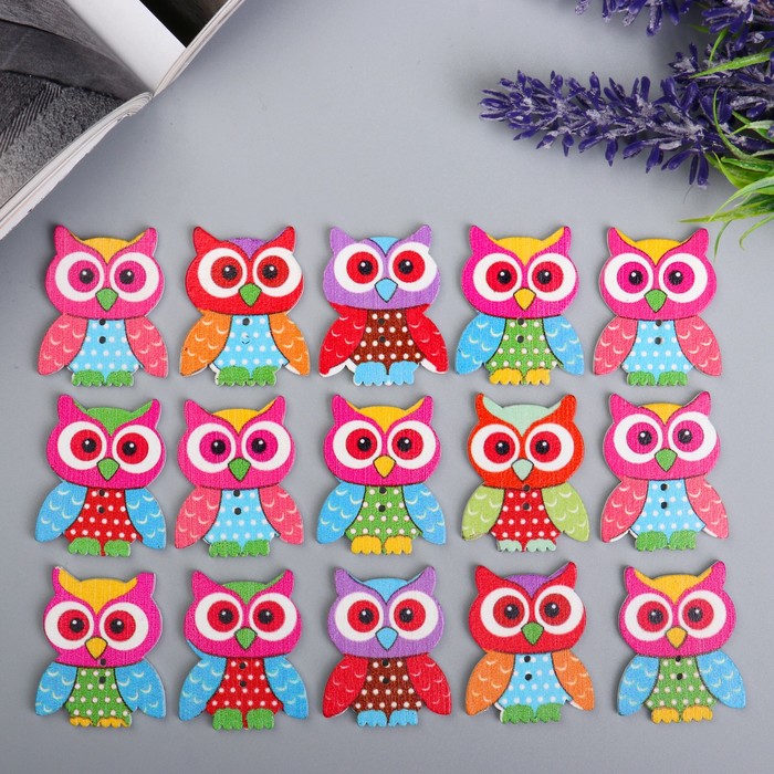 Декор для творчества дерево "Совушки в горошек" набор 15 шт 3,3х2,8 см