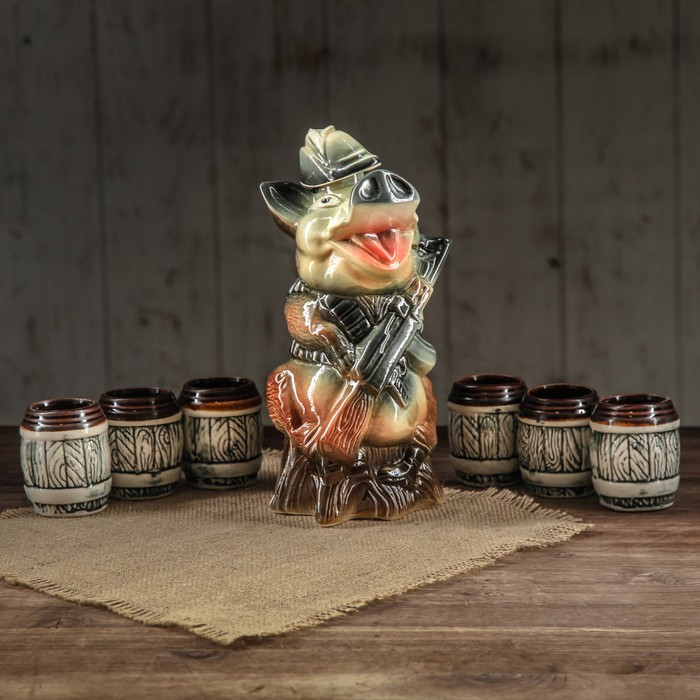 Коньячный набор "Кабан с автоматом" 7 предметов, 1,2 л, цветной