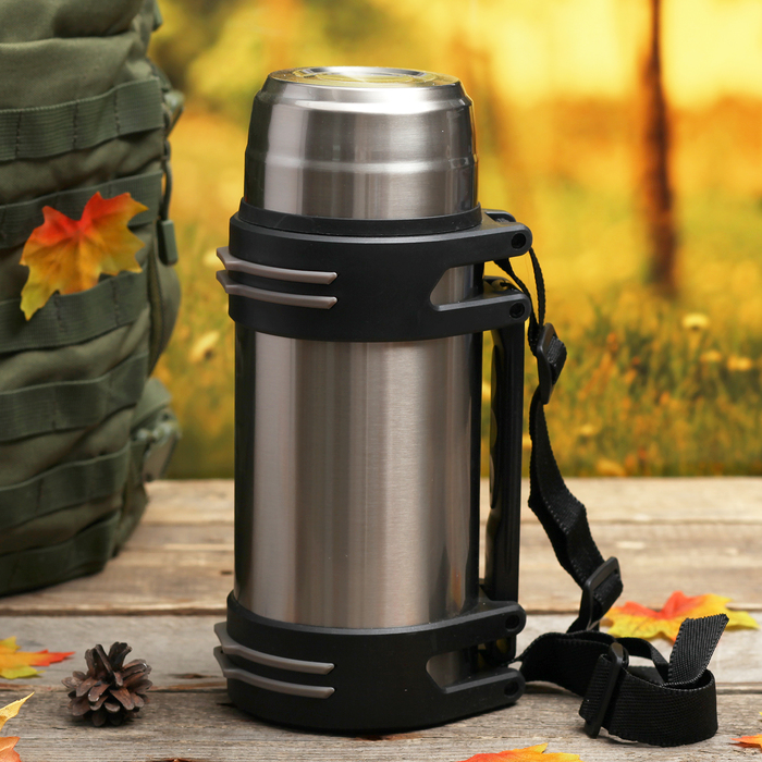 Термос 1600 мл, туристический, 304 сталь, держит тепло 24 ч, серый, 13х29 см