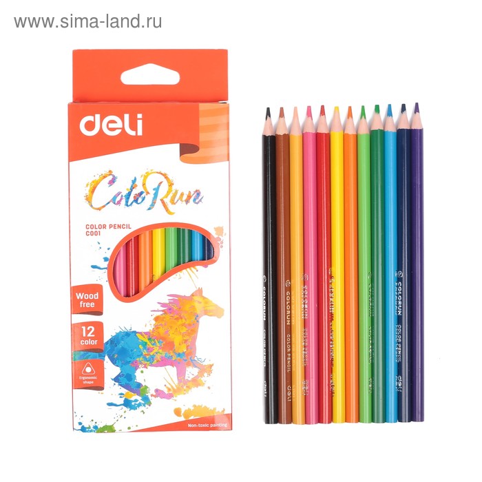 

Карандаши 12 цветов Deli ColoRun, трёхгранные, пластиковые, европодвес