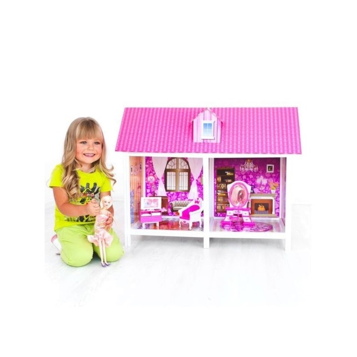 Кукольный дом одноэтажный (две комнаты, мебель, кукла)