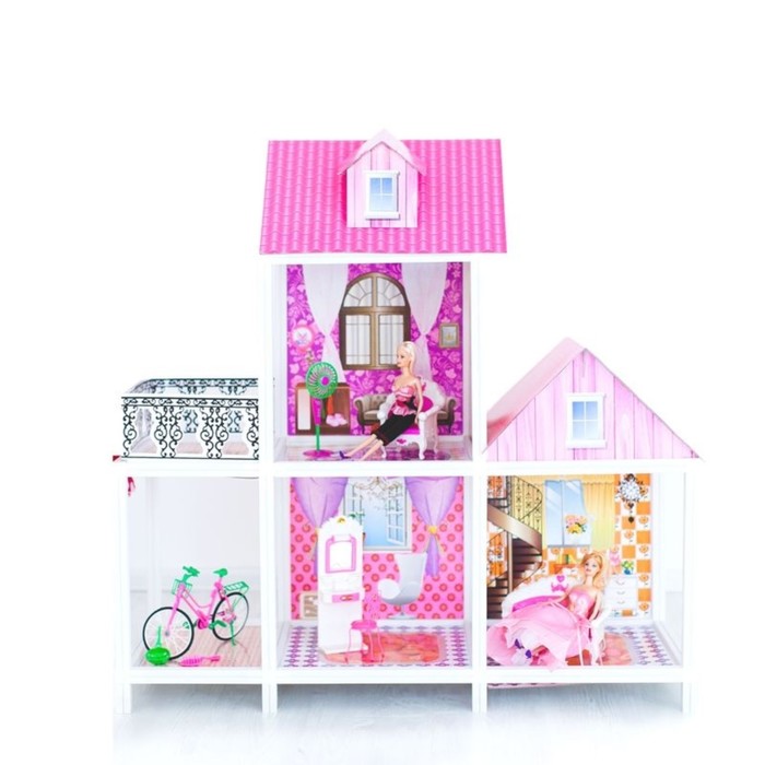 Кукольный дом двухэтажный (три комнаты, мебель, три куклы, велосипед)