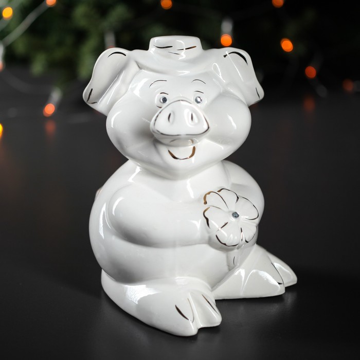 Копилка "Свинка с цветком" белая глазурь