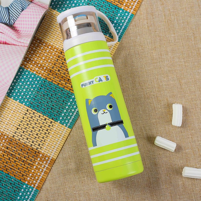 Термос 500 мл Funny cats, 201 сталь, держит тепло 8 ч, в полоску, микс, 7х10х25 см