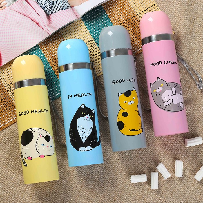 Термос 500 мл «Кошачьи премудрости», держит тепло 8 ч, микс котов и цветов, 6.5х24 см