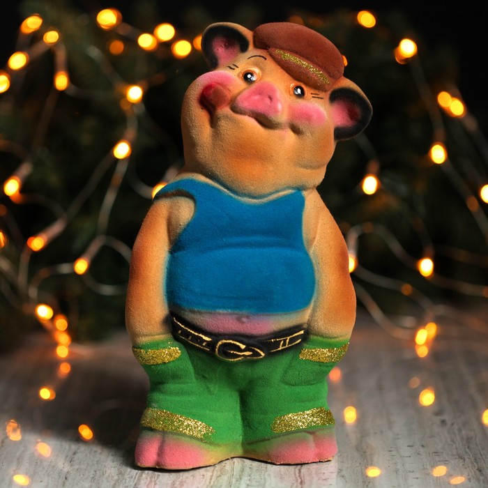 Копилка "Поросёнок с сигарой" бежевый, флок, микс