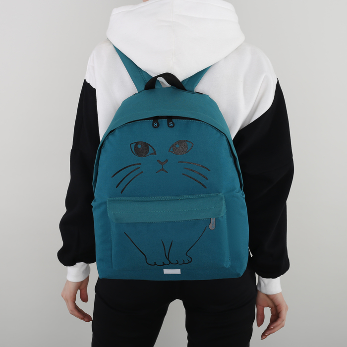 Рюкзак молодёжный "Кот", отдел на молнии, наружный карман, цвет бирюзовый