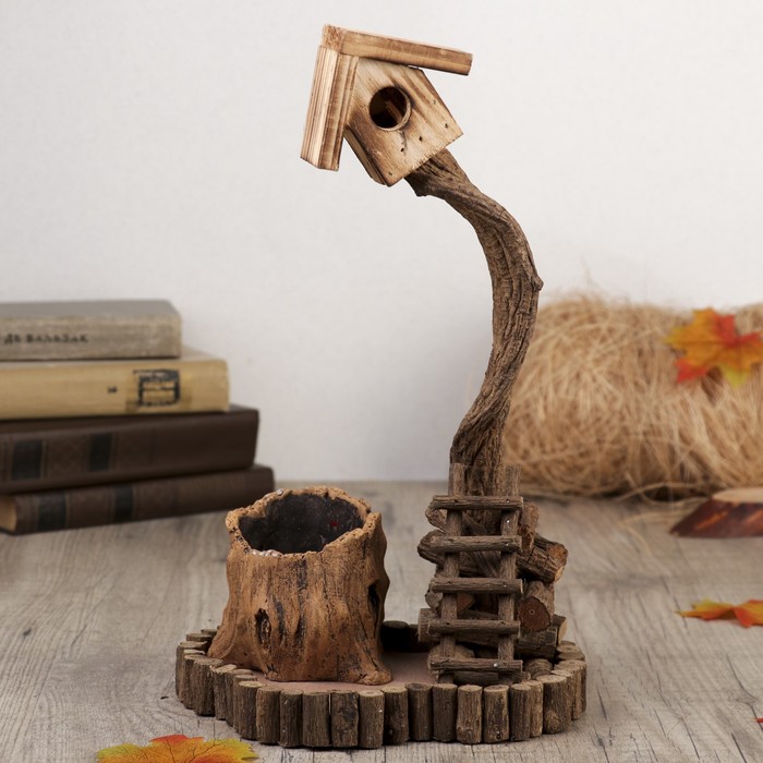 Сувенир дерево "Скворечник на дереве и пень" 30,5х21х18 см