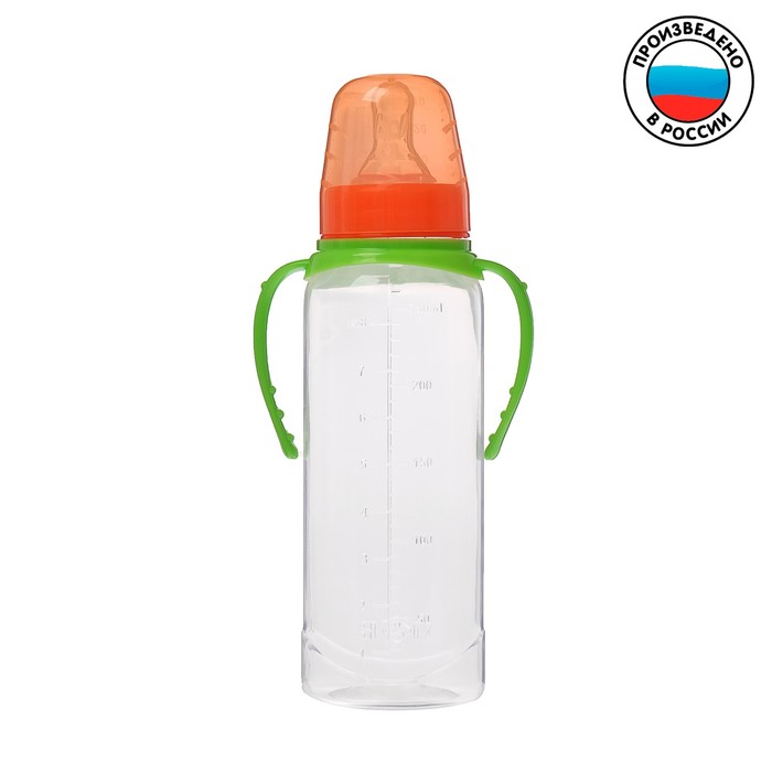 Бутылочка для кормления детская классическая, с ручками, 250 мл, от 0 мес., цвет зелёный МИКС
