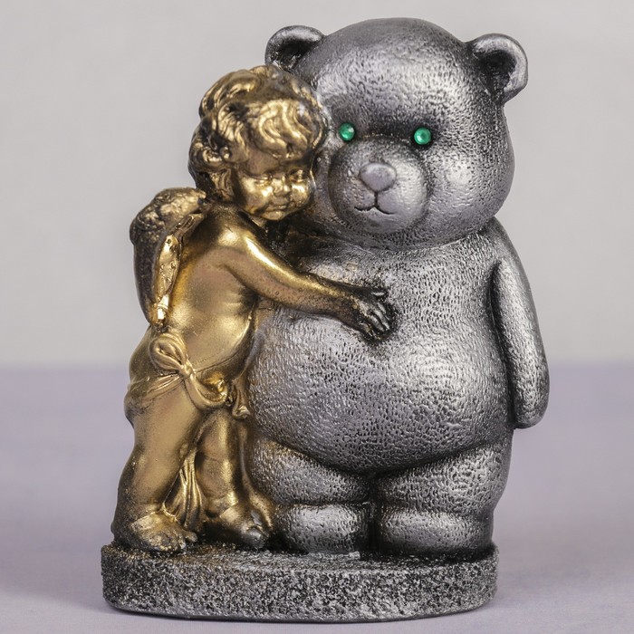 Сувенир гипс "Ангел с мишкой" серебро-золото 14,5 см