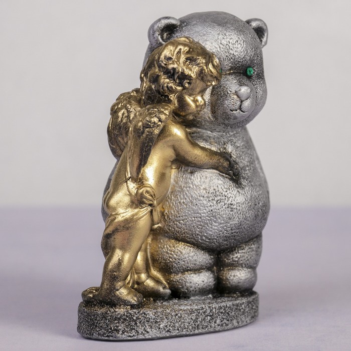 Сувенир гипс "Ангел с мишкой" серебро-золото 14,5 см