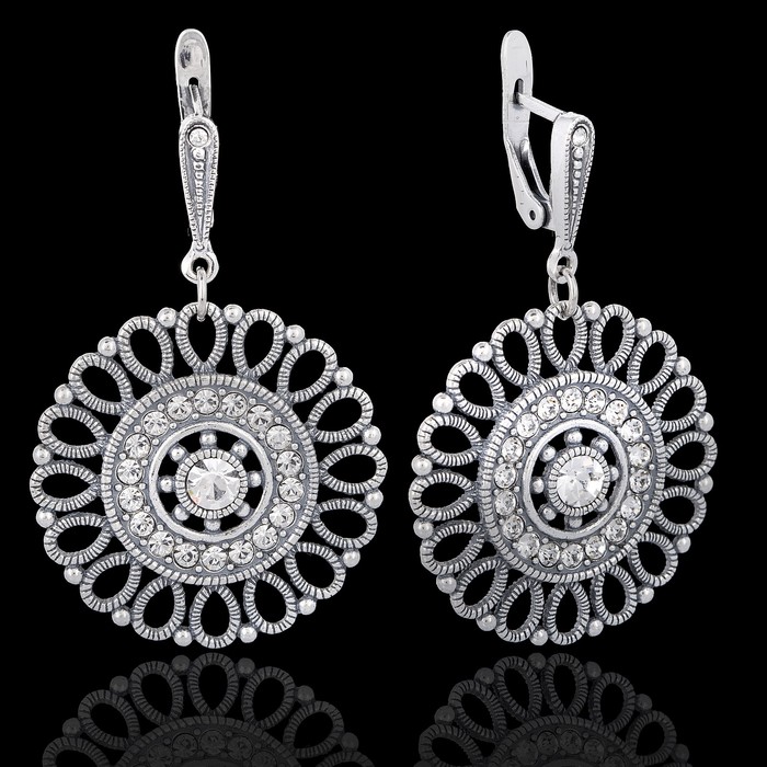 Серьги "Кристоль", цвет белый в чернёном серебре