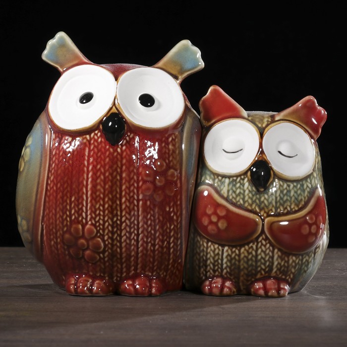 Сувенир керамика "Сова и совёнок с вязаными пузиками" набор 2 шт 16х18,5х8,5 см