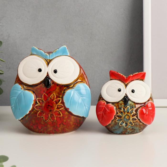 Сувенир керамика "Сова и совёнок с цветочком на пузике" набор 2 шт 14х13х9, 10х7х9 см